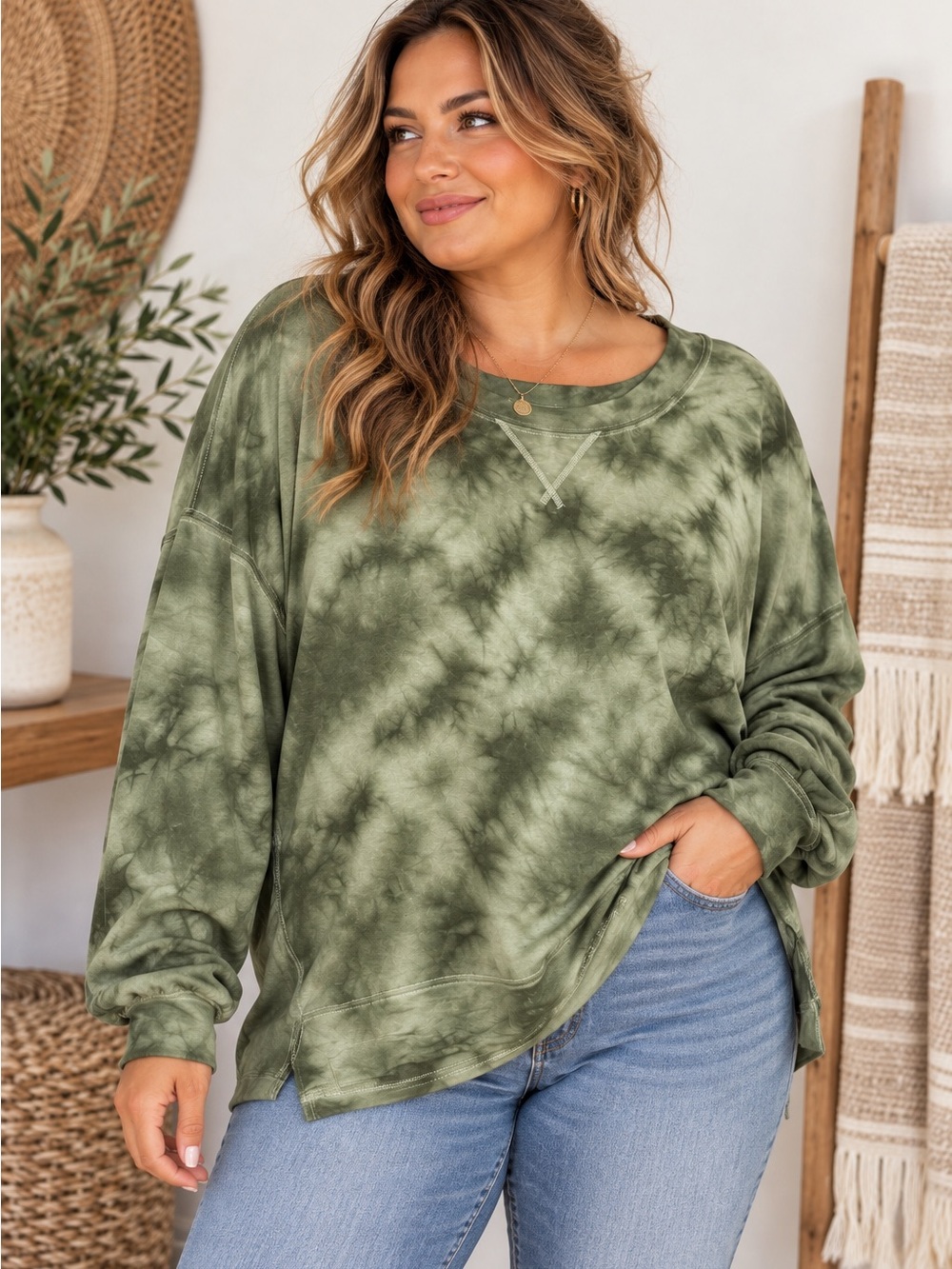 JoyLab XL Olive Green Tie Dye Oversized Lightweight Sweatshirt